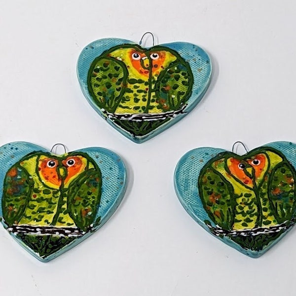 Lovebird Heart Ornaments, three piece set, mini wall art, gift tags, mosaic tiles