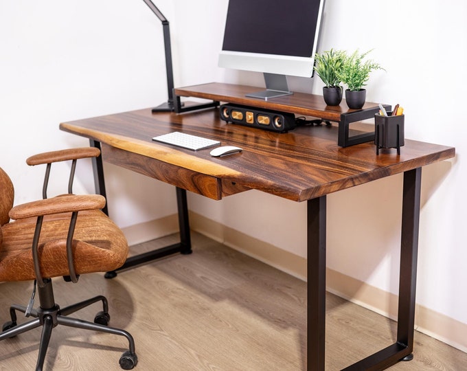 Featured listing image: Live Edge Wood Desk with Drawer - Solid Walnut Desk with Metal Legs | Computer Desk (38″/48″/60″/70″)