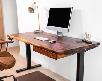 Standing Desk - Walnut Standing Desk With Storage, Wood Standing Desk With Drawers, Live Edge Sit Stand Desk, Adjustable Desk, Office Desk