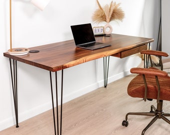Desk - Wood Computer Desk with Drawer, Walnut Desk, Live Edge Desk, Solid Wood Desk, Home Office Desk, Rustic Desk, Modern Desk