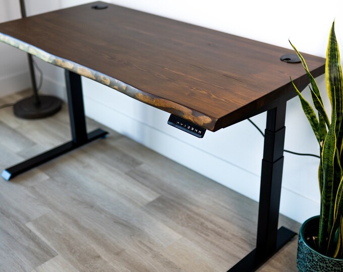 Featured listing image: Live Edge Desk | Standing Desk | Wooden Desk | Computer desk | Home Office Desk | Adjustable Desk | Wood Desk | Rustic Desk