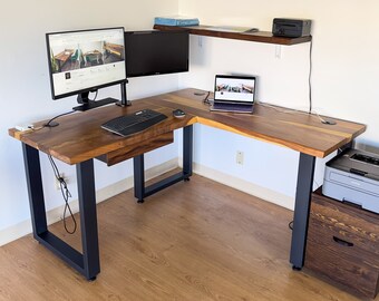 L Shaped Desk - Walnut Solid Wood Desk | Corner Desk | Desk With Drawer | Computer Desk | Walnut Desk | Desk