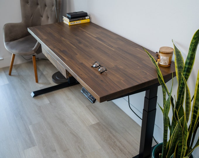 Featured listing image: Adjustable Standing Desk with Storage | Standing Desk with Drawer | Walnut Desk | Adjustable Desk | Wood Desk | Wooden Desk | Sit Stand Desk