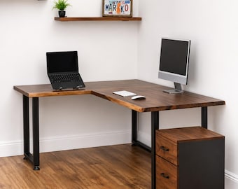 L Shaped Desk - Walnut Solid Wood Corner Desk with Drawer Option, Computer Desk, Walnut Desk, Wood Desk, Office Desk, Reception Desk