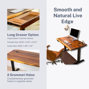 Standing Desk Long Drawer, Walnut Wood, Live Edge Desk Adjustable Height, Sit Stand Desk, Ergonomic Office Furniture image 9