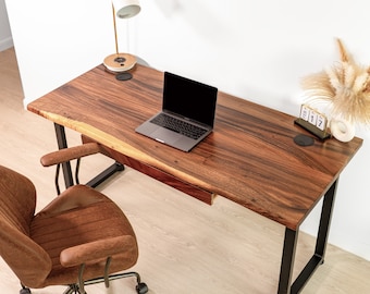 Desk - Walnut Live Edge, Computer Desk with Long Drawer, Wood Desk, Solid Wood Desk, Home Office Desk, Modern Desk, Rustic Desk