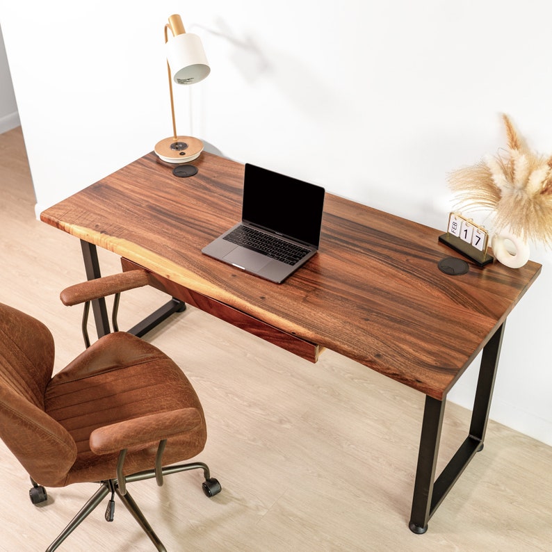 Desk Walnut Live Edge, Computer Desk with Long Drawer, Wood Desk, Solid Wood Desk, Home Office Desk, Modern Desk, Rustic Desk zdjęcie 1