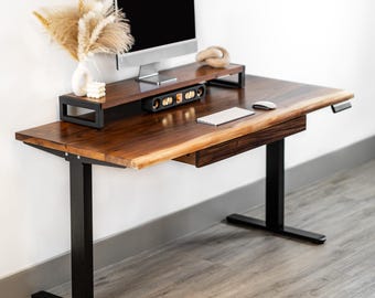 Walnut Standing Desk with Drawer Option - Live Edge Solid Wood Desk | Electric Height Adjustable Desk | 38–70 inch Size Options