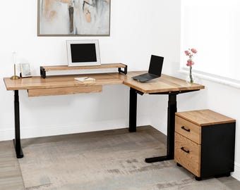 Bureau assis-debout en chêne blanc en forme de L - Bureau d'angle à hauteur réglable électriquement | Tiroir/plateau clavier en option