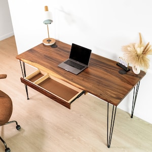 Live Edge Desk - Walnut Desk with Long Drawer, Wood Computer Desk, Home Office Desk, Solid Wood Desk, Executive Desk, Office Furniture