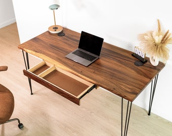 Live Edge Desk - Walnut Desk with Long Drawer, Wood Computer Desk, Home Office Desk, Solid Wood Desk, Executive Desk, Office Furniture