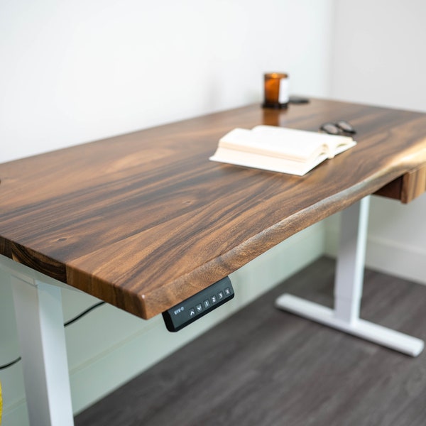 Live Edge Walnut Standing Desk | Sit Stand Desk With Drawer Option | Walnut Adjust Standing Desk | Solid Wood Desk | Adjustable Desk