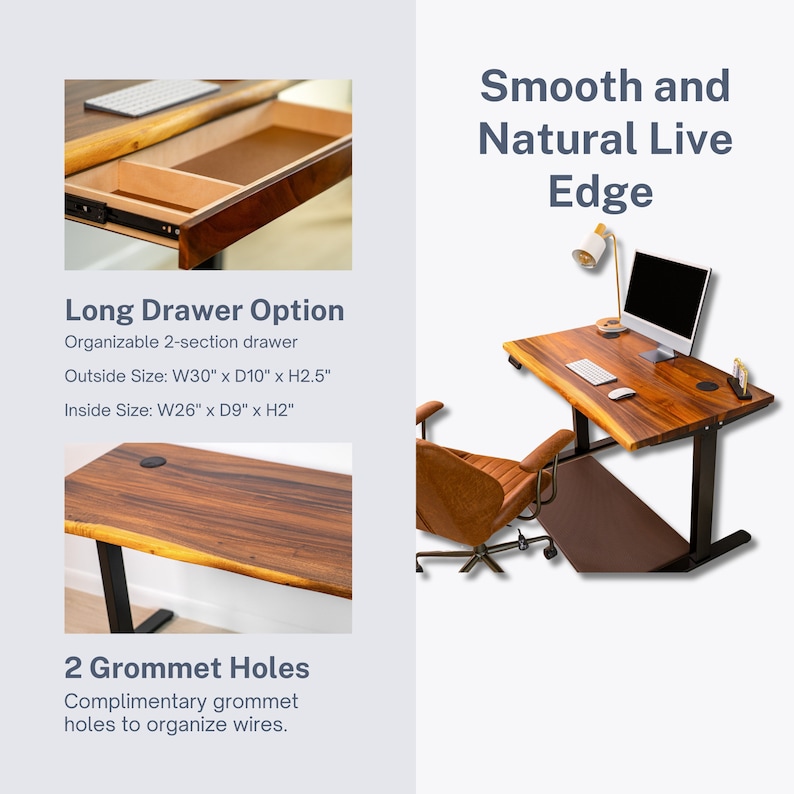 Standing Desk Desk with Drawers, Walnut Live Edge Desk, Adjustable Height Desk, Sit Stand Desk, Stand Up Desk, Home Office Desk image 9