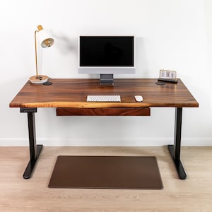 Standing Desk - Long Drawer, Walnut Wood, Live Edge Desk Adjustable Height, Sit Stand Desk, Ergonomic Office Furniture