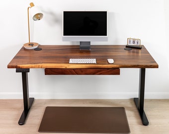 Standing Desk - Long Drawer, Walnut Wood, Live Edge Desk Adjustable Height, Sit Stand Desk, Ergonomic Office Furniture