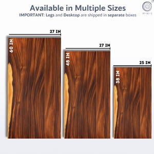 May include: Three rectangular wooden table tops with a rich, dark brown grain pattern. The largest is 60 inches by 27 inches, the middle one is 48 inches by 27 inches, and the smallest is 38 inches by 25 inches. The text "Available in Multiple Sizes" is at the top.