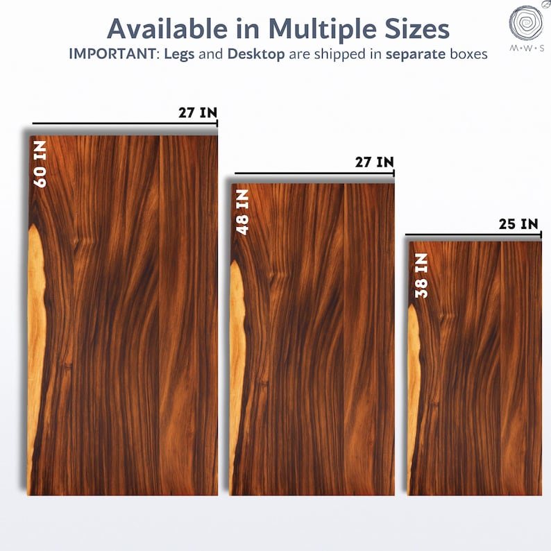 May include: Three rectangular wooden table tops with a rich, dark brown grain pattern. The largest is 60 inches by 27 inches, the middle one is 48 inches by 27 inches, and the smallest is 38 inches by 25 inches. The text "Available in Multiple Sizes" is at the top.