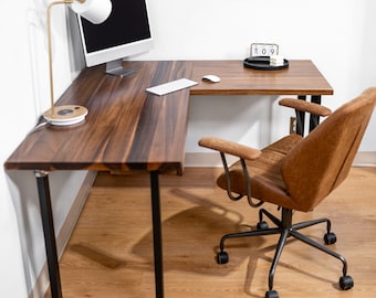 Bureau en L - Bureau en noyer massif, bureau d'angle, bureau avec tiroir, bureau d'ordinateur, bureau en noyer, bureau en bois, bureau de réception