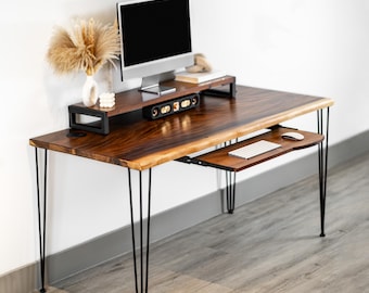 Walnut Desk with Keyboard Tray Option - Live-Edge Solid Wood Desk with Hairpin Legs