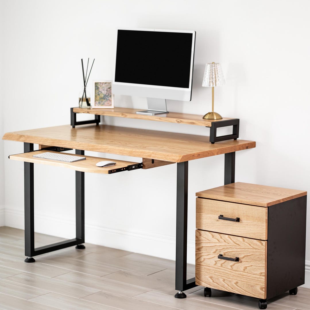 Wood Desk - Keyboard Tray Option, Live Edge Desk, Ash Solid Wood Desk ...