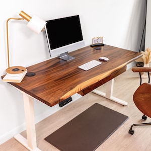 Standing Desk - Walnut Wood, Live Edge, Desk with Drawer, Sit Stand Desk, Wood Desk, Computer Desk, Wood Office Desk, Wooden Desk