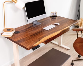 Standing Desk - Walnut Wood, Live Edge, Desk with Drawer, Sit Stand Desk, Wood Desk, Computer Desk, Wood Office Desk, Wooden Desk