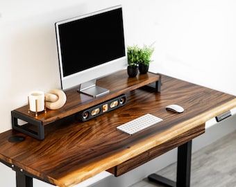 Bureau assis-debout en noyer massif avec tiroir - Structure réglable en hauteur électrique à double moteur