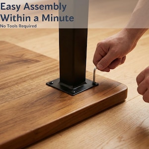 May include: Easy assembly of a walnut dining table with black metal legs, showing a leg being attached to the solid wood tabletop with no tools required.