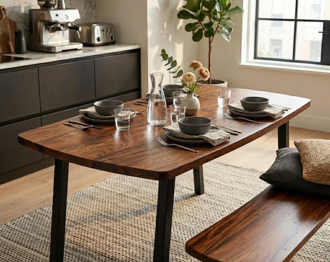 Featured listing image: Solid Walnut Dining Table with Benches - Solid Wood Kitchen Table | Dining Room Table Seats 4–6