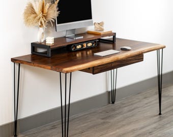 Walnut Live Edge Desk with Hairpin legs | Computer Desk | Solid Wood Desk with Drawer Option | Wooden Desk with Keyboard Tray Option