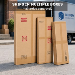 Solid wood desk shipping information image showing multiple packaged boxes for desktop, frame, and accessories, with a delivery truck background and a note that boxes may arrive separately.