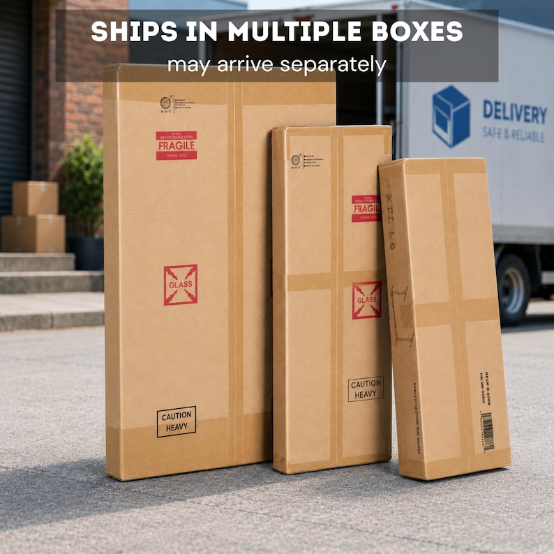 Solid wood desk shipping information image showing multiple packaged boxes for desktop, frame, and accessories, with a delivery truck background and a note that boxes may arrive separately.