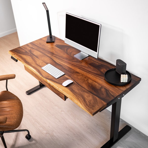 Standing Desk - Walnut Live Edge Desk with Drawer Option | Adjustable Height Solid Wood Desk | Sit Stand Desk (38″/48″/60″/70″)