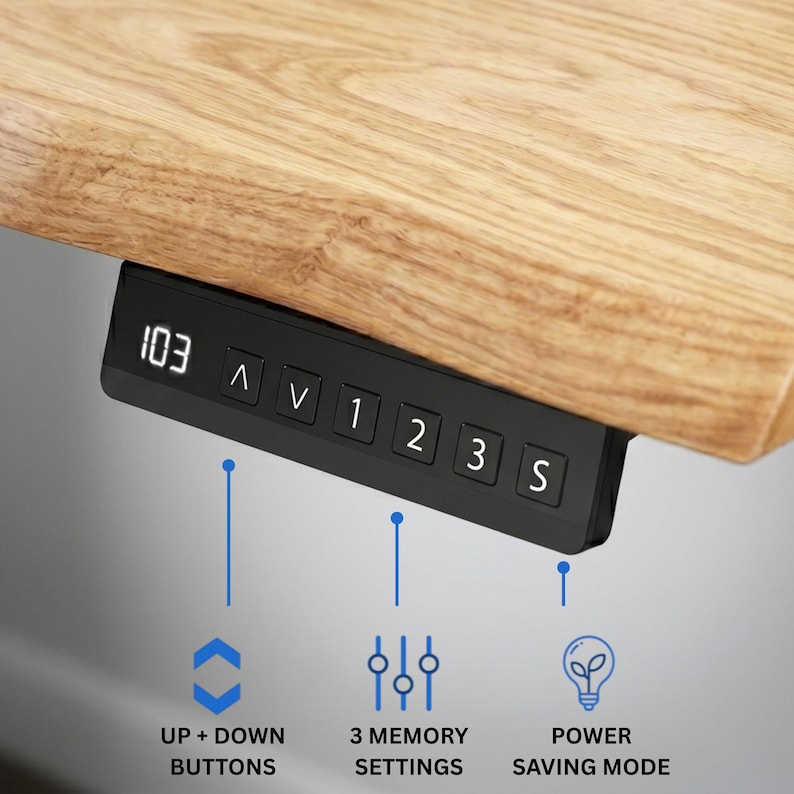 May include: A black control panel with white text and buttons is attached to a wooden surface. The panel displays "103", up and down arrows, and buttons labeled "1", "2", "3", and "S". Icons indicate up/down buttons, memory settings, and power-saving mode.