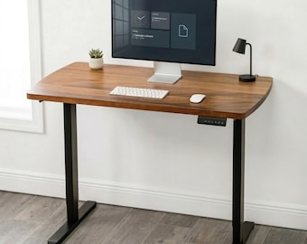 Petit bureau assis-debout étroit 117 x 64 cm - Bois massif noyer | Pied réglable en hauteur