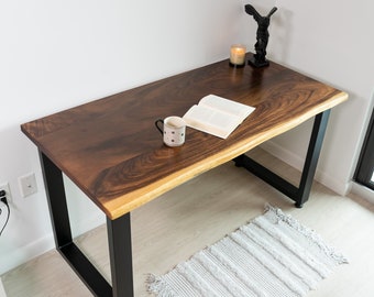 Live Edge Wood Desk with Drawer - Computer Desk, Walnut Desk, Desk with Metal Legs, Solid Wood Desk, Home Office Desk