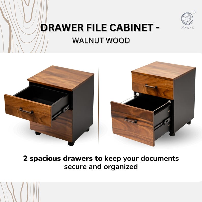 May include: A two-drawer file cabinet made of walnut wood with black accents. The storage cabinet has two open drawers that show the interior. The cabinet is on wheels and has a modern design.