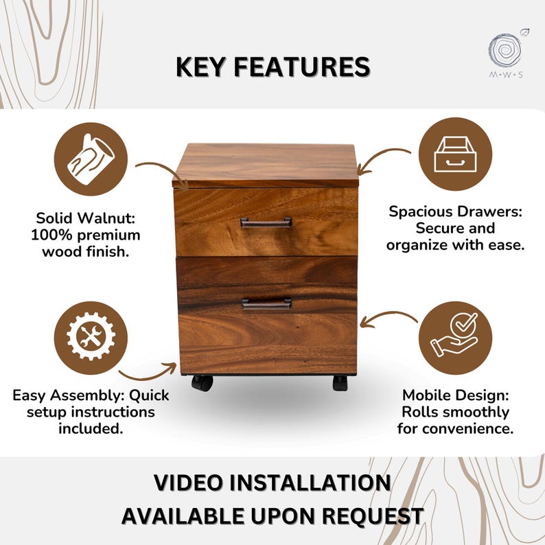 May include: Walnut file cabinet with spacious drawers, solid walnut wood finish, easy assembly, and mobile rolling design for convenient home office storage.