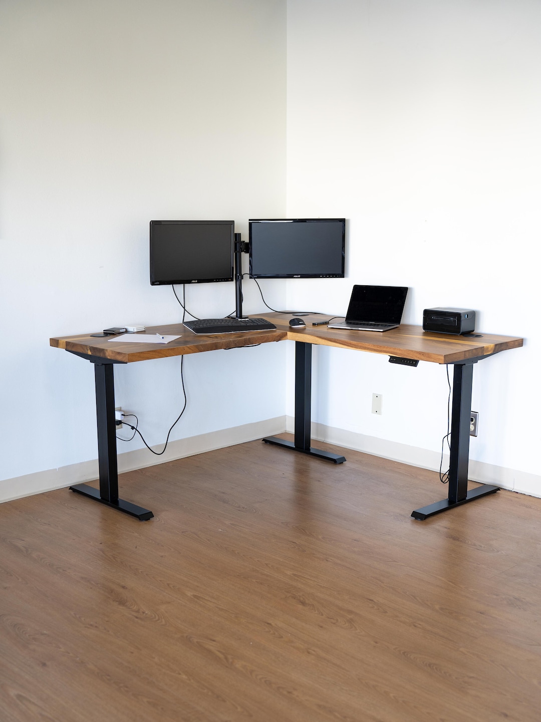 L Shaped Adjustable Standing Desk Walnut Desk Corner Desk L Desk Sit Stand Desk Adjustable Desk