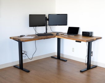 L Shaped Adjustable Standing Desk - Walnut Desk | Corner Desk | L Desk | Sit Stand Desk | Adjustable Desk | Desk | L Shaped Desk Wood