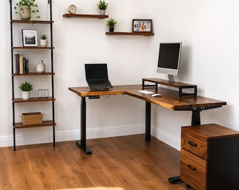 L Shaped Walnut Standing Desk - Solid Wood Corner Desk | Adjustable Height