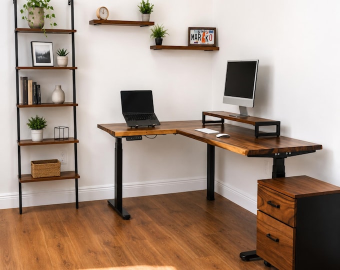 Featured listing image: L Shaped Walnut Standing Desk - Solid Wood Corner Desk | Adjustable Height
