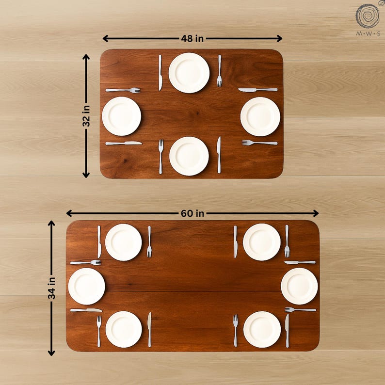 May include: Two rectangular wooden tables, one 48 inches long and 32 inches wide, the other 60 inches long and 34 inches wide. Each table is set with white plates, forks, and knives, ready for a meal.