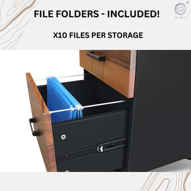 May include: A two-drawer file cabinet with a walnut wood finish. The top drawer is open, and the bottom drawer is closed. The bottom drawer has a metal file rail and blue hanging folders. The text "FILE FOLDERS - INCLUDED!" and "X10 FILES PER STORAGE" is visible on the image.