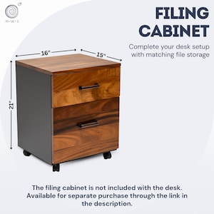 Walnut filing cabinet with two drawers, caster wheels, and matching file storage for a wood sit-stand desk setup, available as a separate add-on.