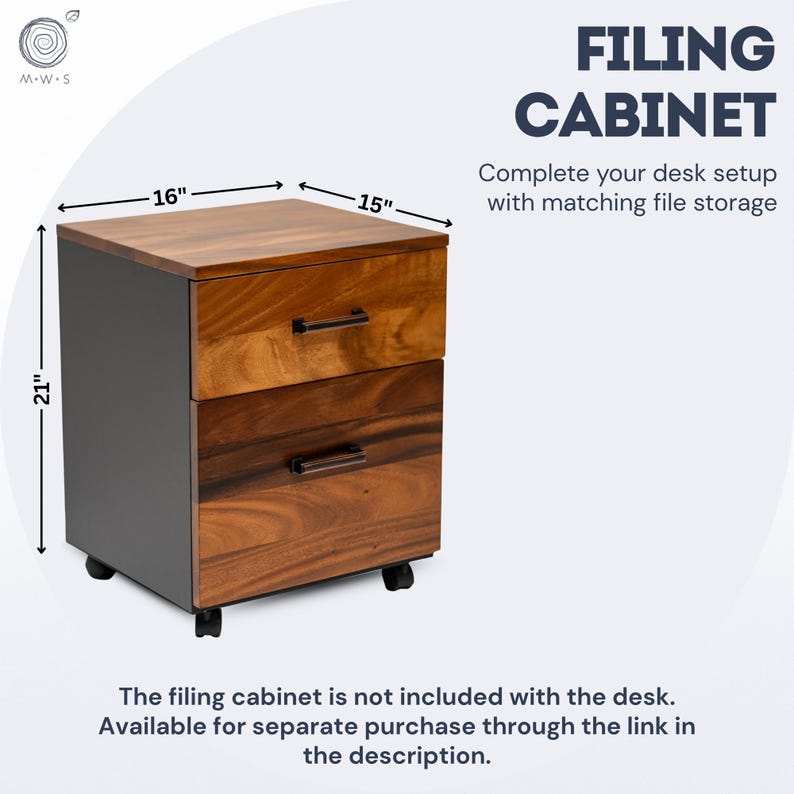Walnut filing cabinet with two drawers, caster wheels, and matching file storage for a wood sit-stand desk setup, available as a separate add-on.