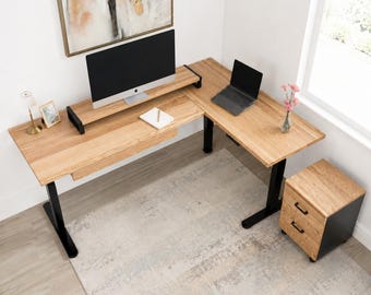 White Oak L-Shaped Standing Desk — Electric Height-Adjustable Corner Desk | Optional Drawer/Keyboard Tray