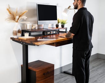 Live Edge Walnut Standing Desk - Adjustable Height Desk with Drawer & Keyboard Tray Options