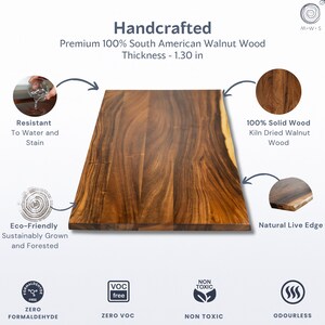 May include: Handcrafted walnut wood cutting board with a natural live edge. The board is made from 100% solid kiln-dried South American walnut wood and is 1.30 inches thick. It is resistant to water and stains, eco-friendly, and zero formaldehyde.