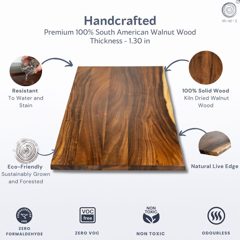 May include: Handcrafted walnut wood cutting board with a natural live edge. The board is made from 100% solid kiln-dried South American walnut wood and is 1.30 inches thick. It is resistant to water and stains, eco-friendly, and zero formaldehyde.